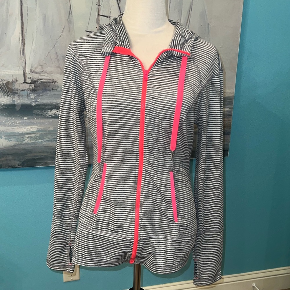 Lukka Black and White Striped Hoodie with Neon Orange/Pink Accents